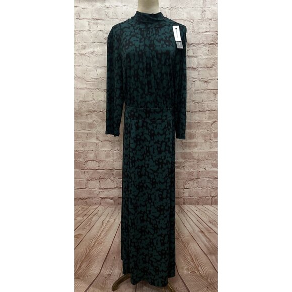 Lane Bryant Green Animal Print Maxi Dress Long Sleeve Mock Neck Tie Back - 18/20 - Picture 1 of 4